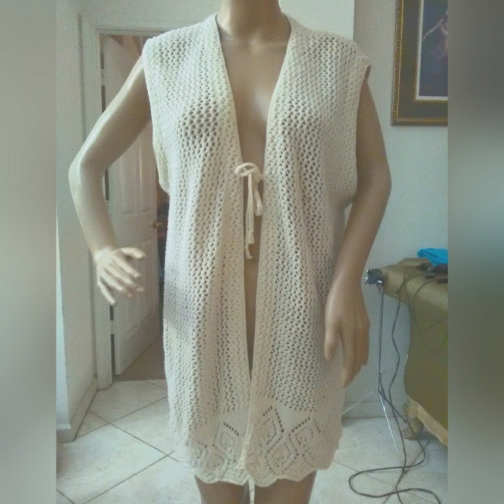 Cream Crochet Open Front Vest SINGLE TIE BY KNITS LANDING SZ. ONE SIZE VERY CUTE
